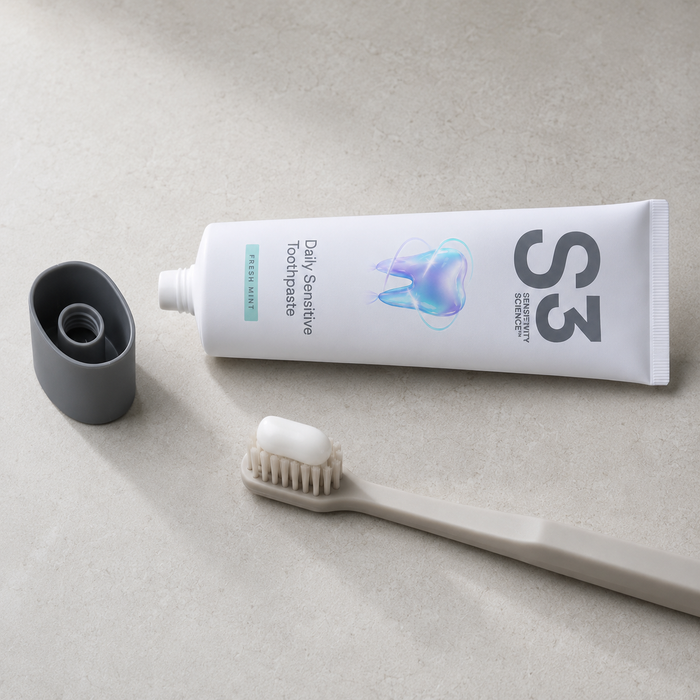 The S3 Daily Sensitive Toothpaste tube with paste on a toothbrush.