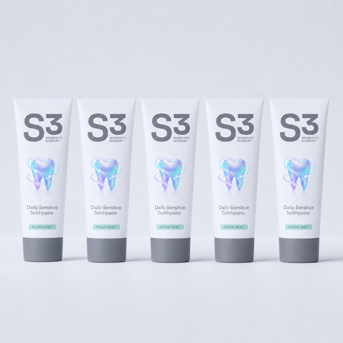 Five tubes of S3 Daily Sensitive Toothpaste in Fresh Mint, lined up side by side