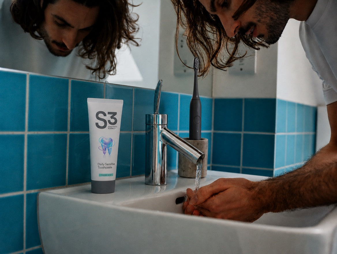 A man rinsing at a bathroom sink with a tube of S3 Daily Sensitive Toothpaste on the basin